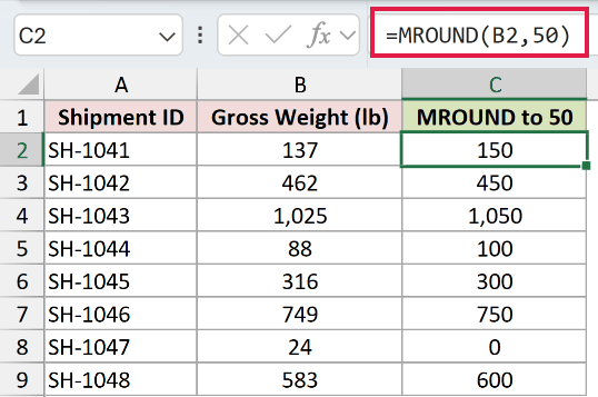 =MROUND(B2,50) in C2