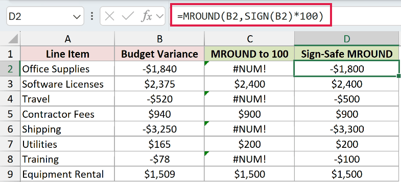 =MROUND(B2,SIGN(B2)*100) in D2