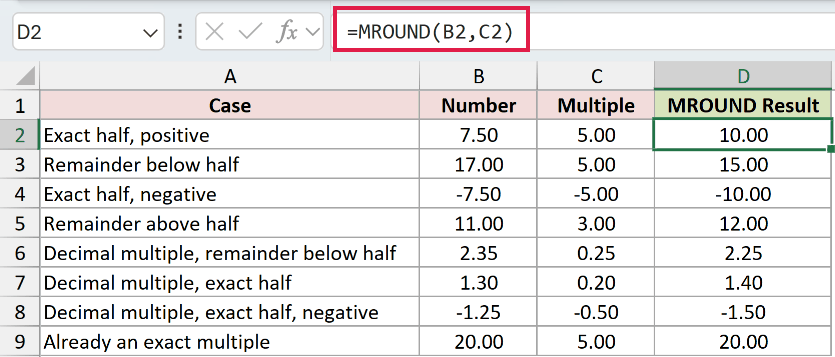 =MROUND(B2,C2) in D2