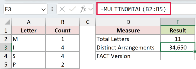 =MULTINOMIAL(B2:B5) in E3