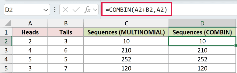 =COMBIN(A2+B2,A2) in D2
