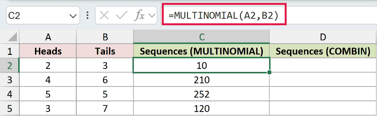 =MULTINOMIAL(A2,B2) in C2
