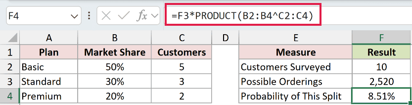 =F3*PRODUCT(B2:B4^C2:C4) in F4