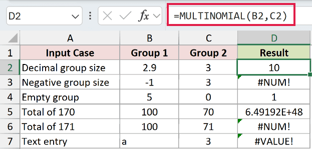 =MULTINOMIAL(B2,C2) in D2