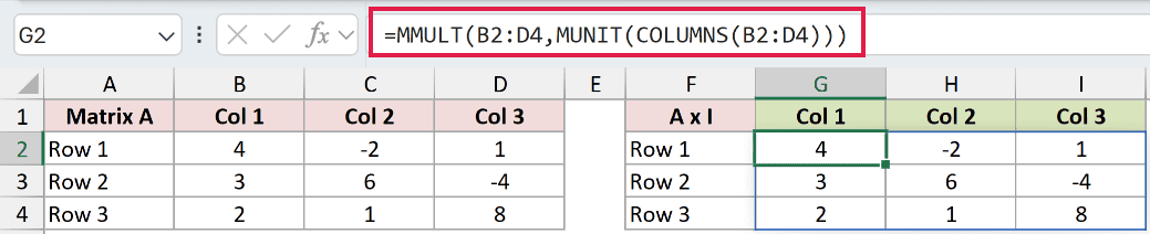 =MMULT(B2:D4,MUNIT(COLUMNS(B2:D4))) in G2