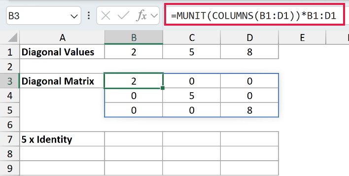 =MUNIT(COLUMNS(B1:D1))*B1:D1 in B3