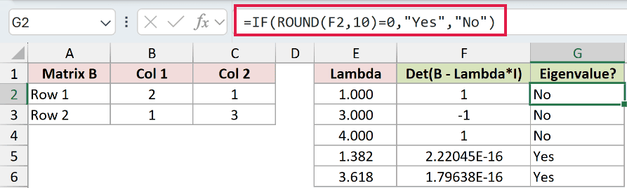 =IF(ROUND(F2,10)=0,"Yes","No") in G2