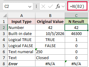 N example 1: =N(B2)