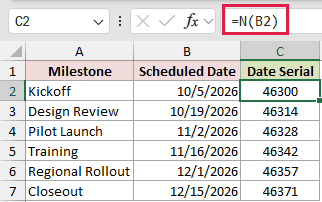 N example 2: =N(B2)