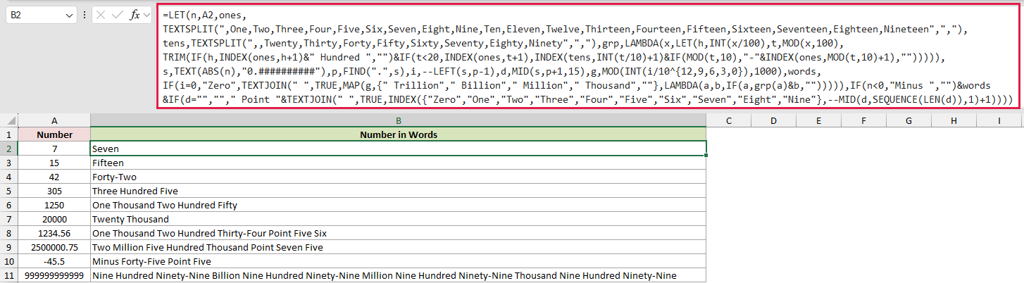 LET and LAMBDA formula in B2 writing each number in words, such as Forty-Two and Minus Forty-Five Point Five.