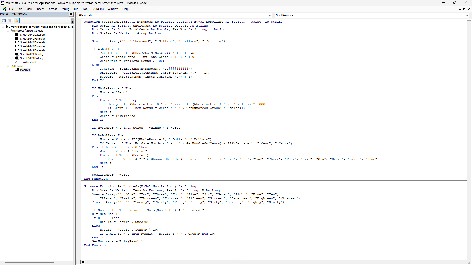 SpellNumber VBA code pasted into a new module in the VBA Editor.