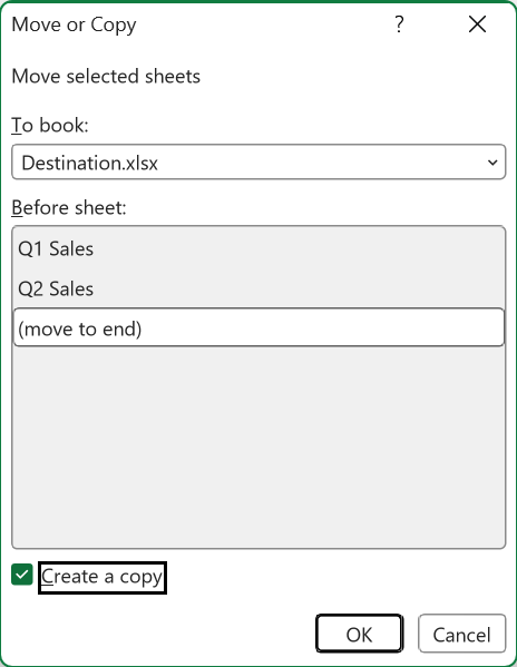 The Move or Copy dialog with both Q3 sheets selected, the destination workbook chosen in To book, and Create a copy ticked