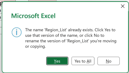The Name Conflict dialog box reporting an existing name, with the Yes to All button that clears the remaining prompts in one click