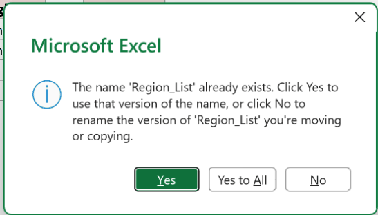 The Name Conflict dialog where clicking No lets you rename the incoming copy of the name instead of accepting the existing one