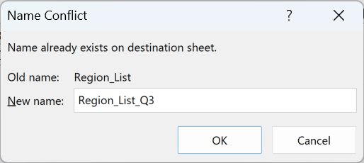 The Name Conflict rename dialog with Region_List_Q3 entered as the new name for Region_List