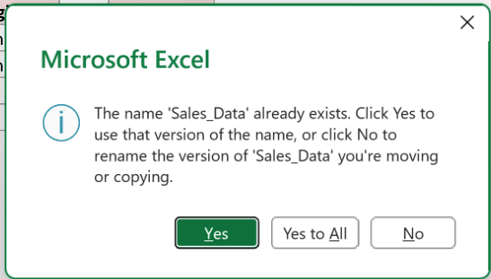 A second Name Conflict dialog naming the next conflicting name, showing that one prompt appears for every conflict