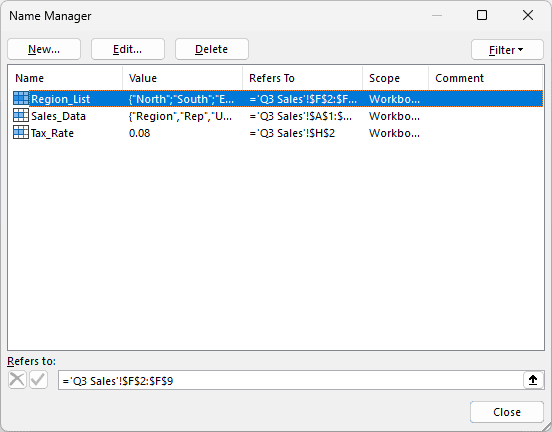 Name Manager in the source workbook listing Sales_Data, Region_List and Tax_Rate with Workbook in the Scope column