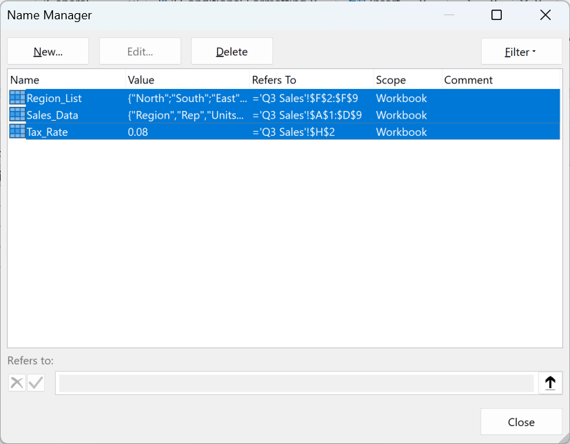 All three workbook-scoped names selected together in Name Manager, each showing Workbook in the Scope column