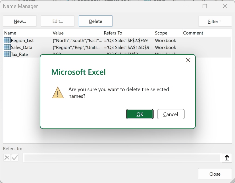Excel asking you to confirm deleting the three selected names before the copy