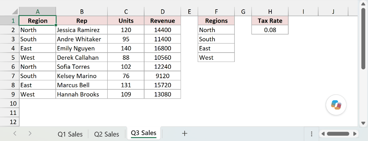 Q3 Sales copied into the destination workbook on its own, with no Name Conflict dialog appearing