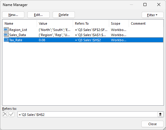 Name Manager in the source workbook showing only three names, because the hidden Legacy_Lookup name is not displayed