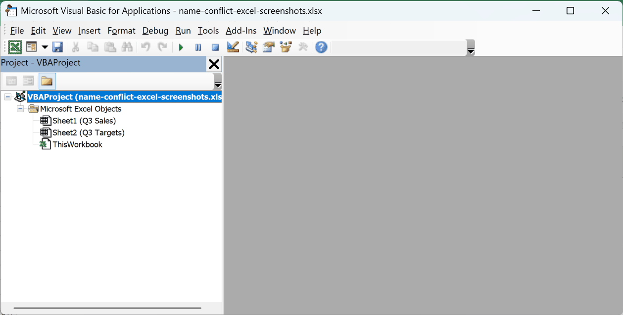 The Visual Basic Editor open on the source workbook's project with no module added yet