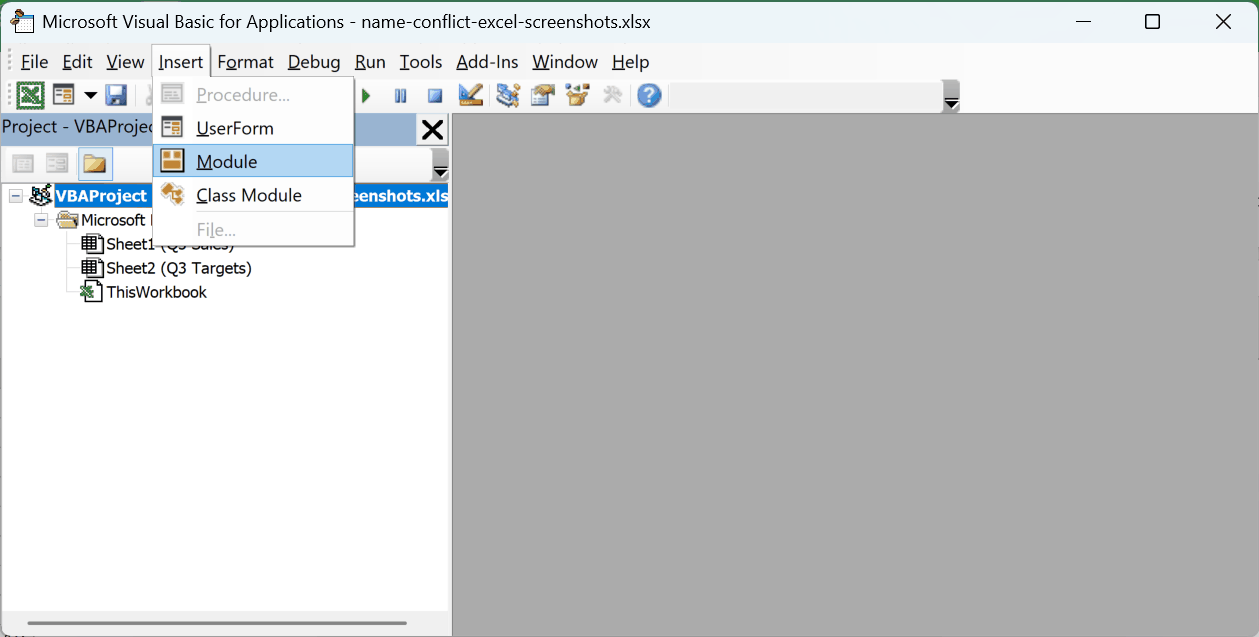 The Insert menu open in the Visual Basic Editor with the Module command ready to click