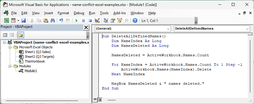The DeleteAllDefinedNames macro pasted into a new module in the Visual Basic Editor