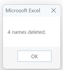 The macro's message box reporting four deleted names, one more than Name Manager was able to show