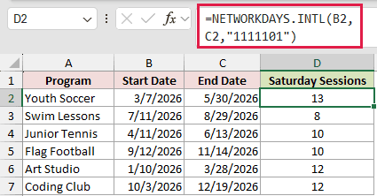 =NETWORKDAYS.INTL(B2,C2,"1111101") in D2