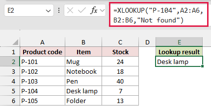 XLOOKUP returns Desk lamp for product code P-104.