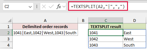 TEXTSPLIT separates the order record into rows and columns.
