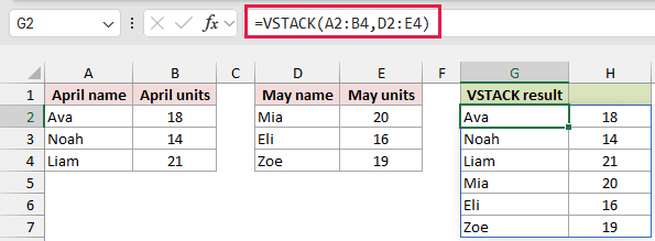 VSTACK places the April and May records into one six-row list.