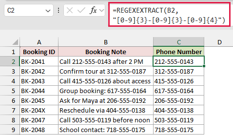 REGEXEXTRACT returns the phone number found in the first booking note.