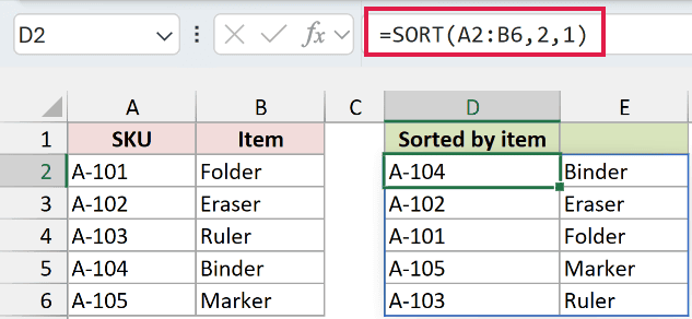 SORT in Excel: The product rows spill in item-name order.