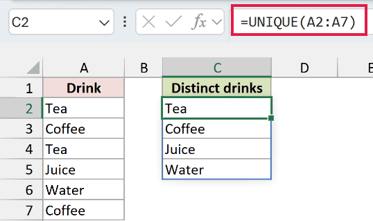 UNIQUE in Excel: Tea, Coffee, Juice, and Water appear as a distinct list.
