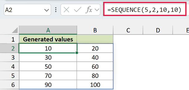 SEQUENCE in Excel: The grid runs from 10 to 100.