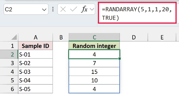 RANDARRAY in Excel: The five results change when Excel recalculates.