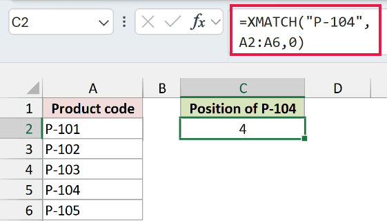 XMATCH in Excel: The result is 4.
