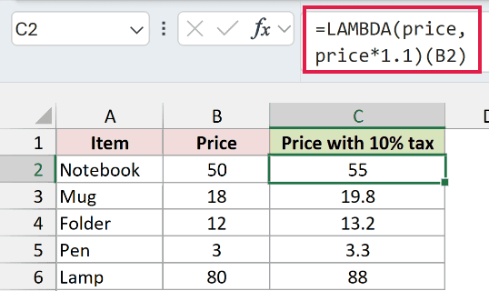 LAMBDA in Excel: A $50 price becomes $55.