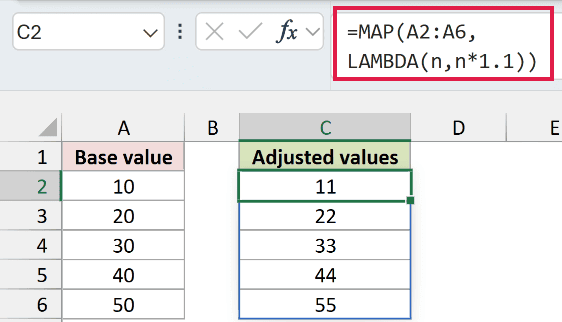 MAP in Excel: The five adjusted values spill beside the originals.