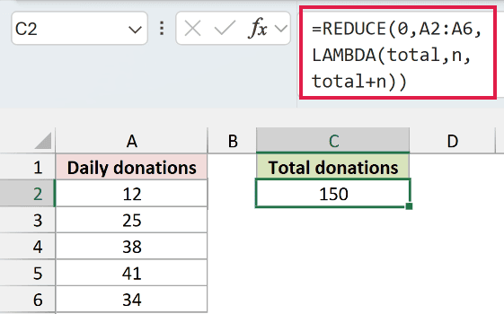 REDUCE in Excel: The final total is 150.