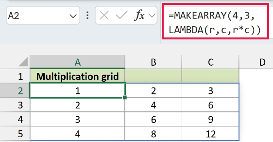 MAKEARRAY in Excel: The bottom-right value is 12.