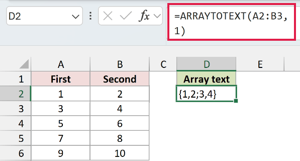 ARRAYTOTEXT in Excel: The text result is {1,2;3,4}.