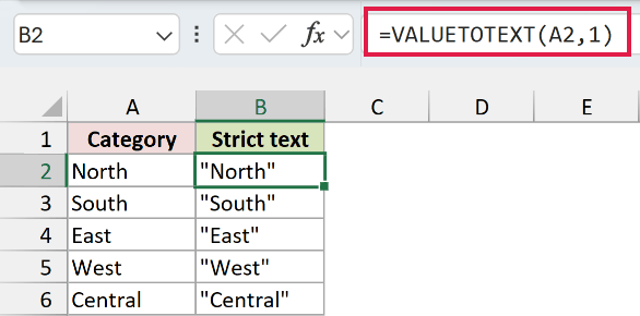 VALUETOTEXT in Excel: Each label appears as quoted text.