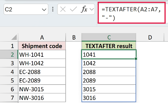 TEXTAFTER in Excel: WH-1041 becomes 1041.
