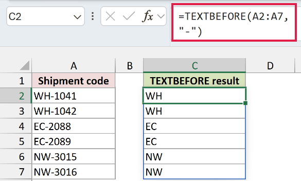 TEXTBEFORE in Excel: WH-1041 becomes WH.