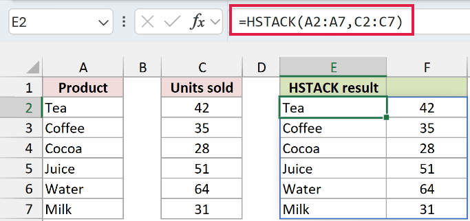 HSTACK in Excel: A two-column product-and-units array spills.