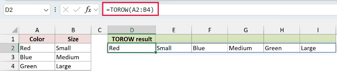 TOROW in Excel: The values spill horizontally in source order.