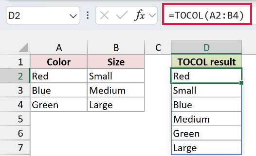 TOCOL in Excel: The values spill vertically in source order.